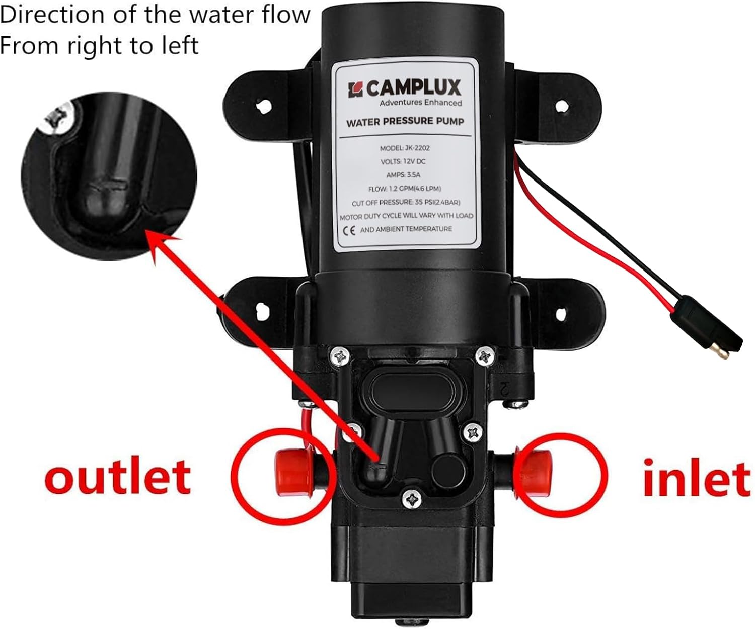 CAMPLUX 12V DC Water Pump, 1.2 GPM Pressure Diaphragm Pump for RV Marine Boat