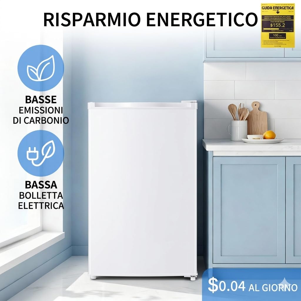 Mini frigorifero bianco 91L con congelatore, porta singola, termostato regolabile a 7 livelli. Risparmio energetico, bassa rumorosità, ideale per ufficio, camera e dormitorio