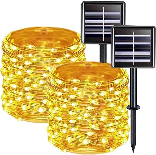 Guirnalda de luces solares extralargas para exteriores, paquete de 2 unidades de 100 luces solares LED de 39 pies para exteriores, alambre de cobre