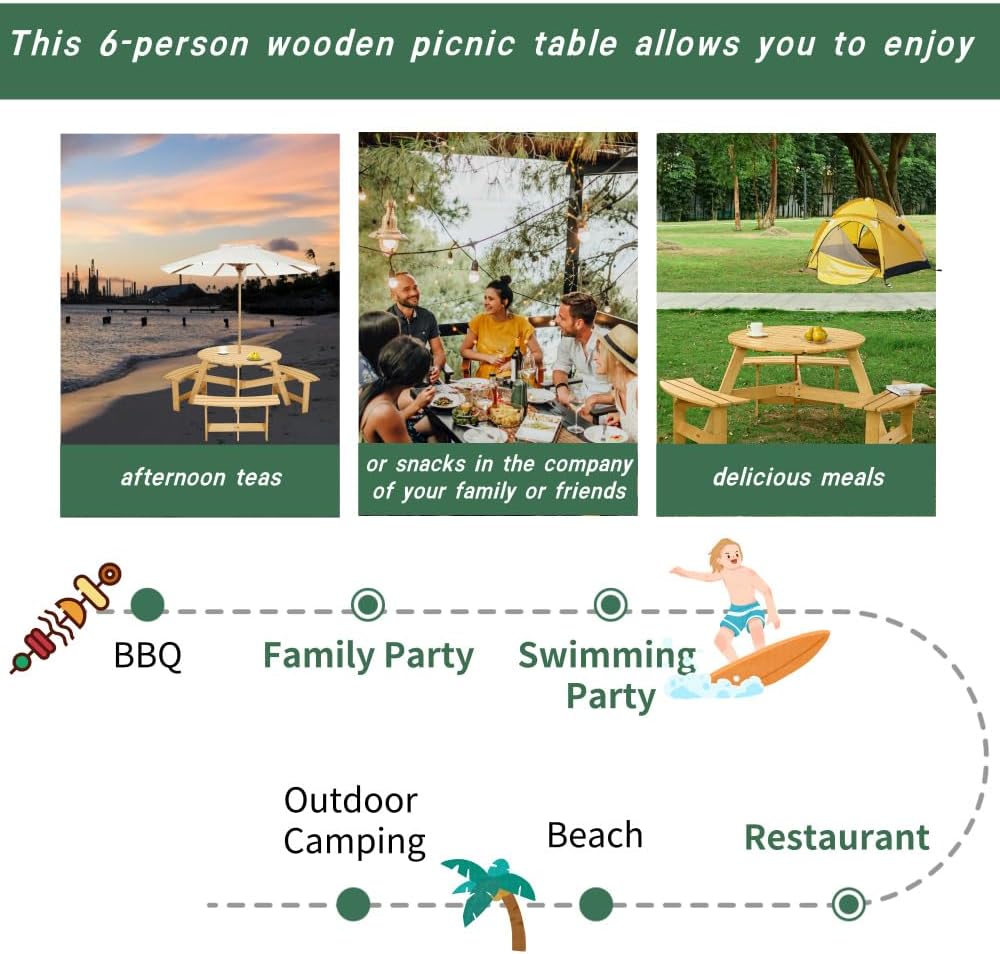Outdoor 6 Person Picnic Table, 6 Person Round Picnic Table with 3 Built-in Benches, Umbrella Hole, Outside Table and Bench Set for Garden, Backyard, Porch, Patio (Natural + Wood + 6 People)