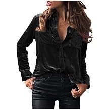Womens Tops Vintage Velvet Long Sleeve Tunic Tees Casual Button Down V Neck T Shirt Solid Color Comfy Soft Blouse