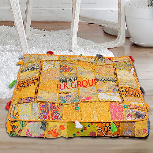 flyingasedgle Indisches gelbes handgefertigtes buntes Bodenkissen, quadratisch, 89,9 x 89,9 cm, Bohemian-Meditationskissen, Bodenkissen, indischer Sitzbezug (gelb) Cover