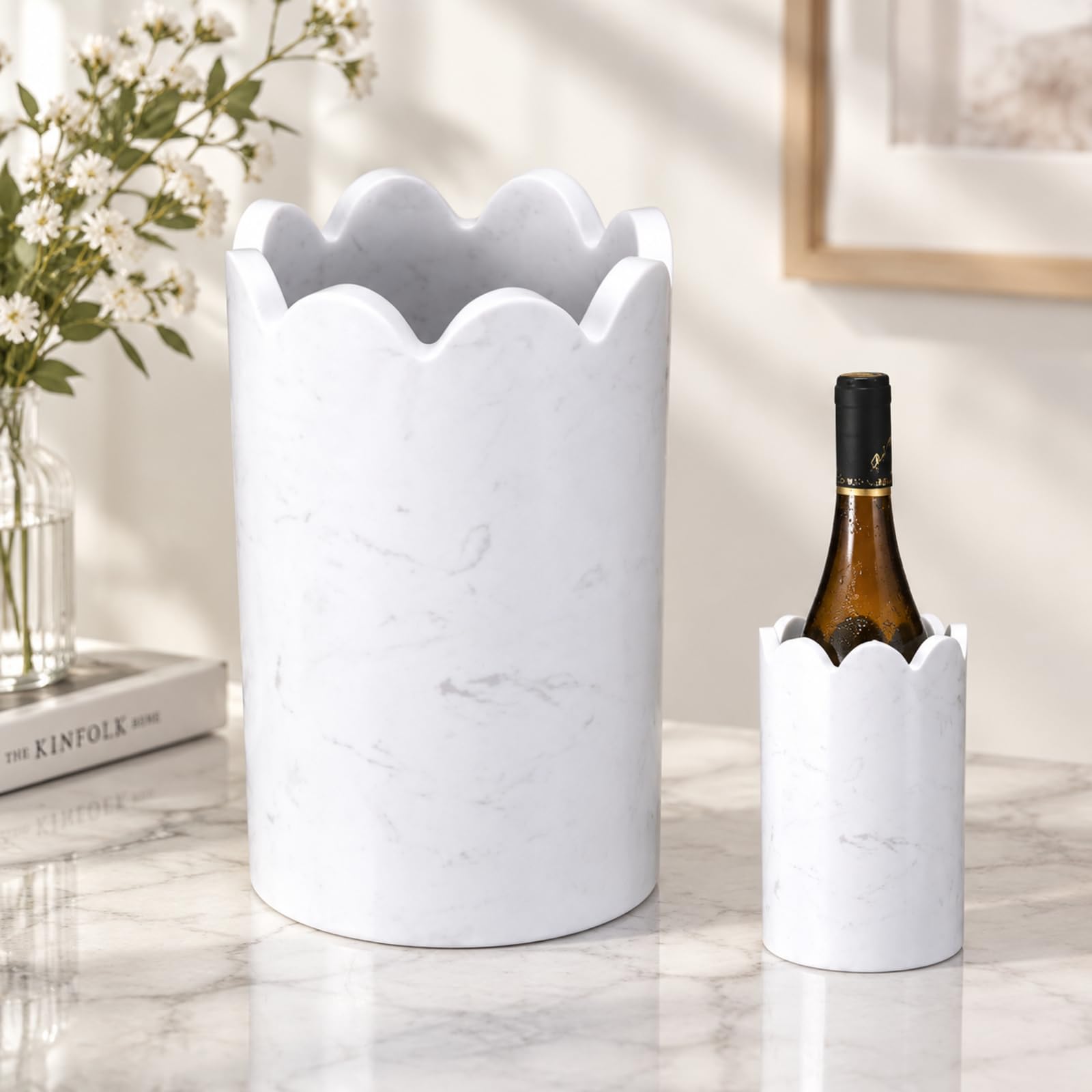 CroBlissful Scalloped Marble Wine Chiller, White Champagne Cooler Bucket