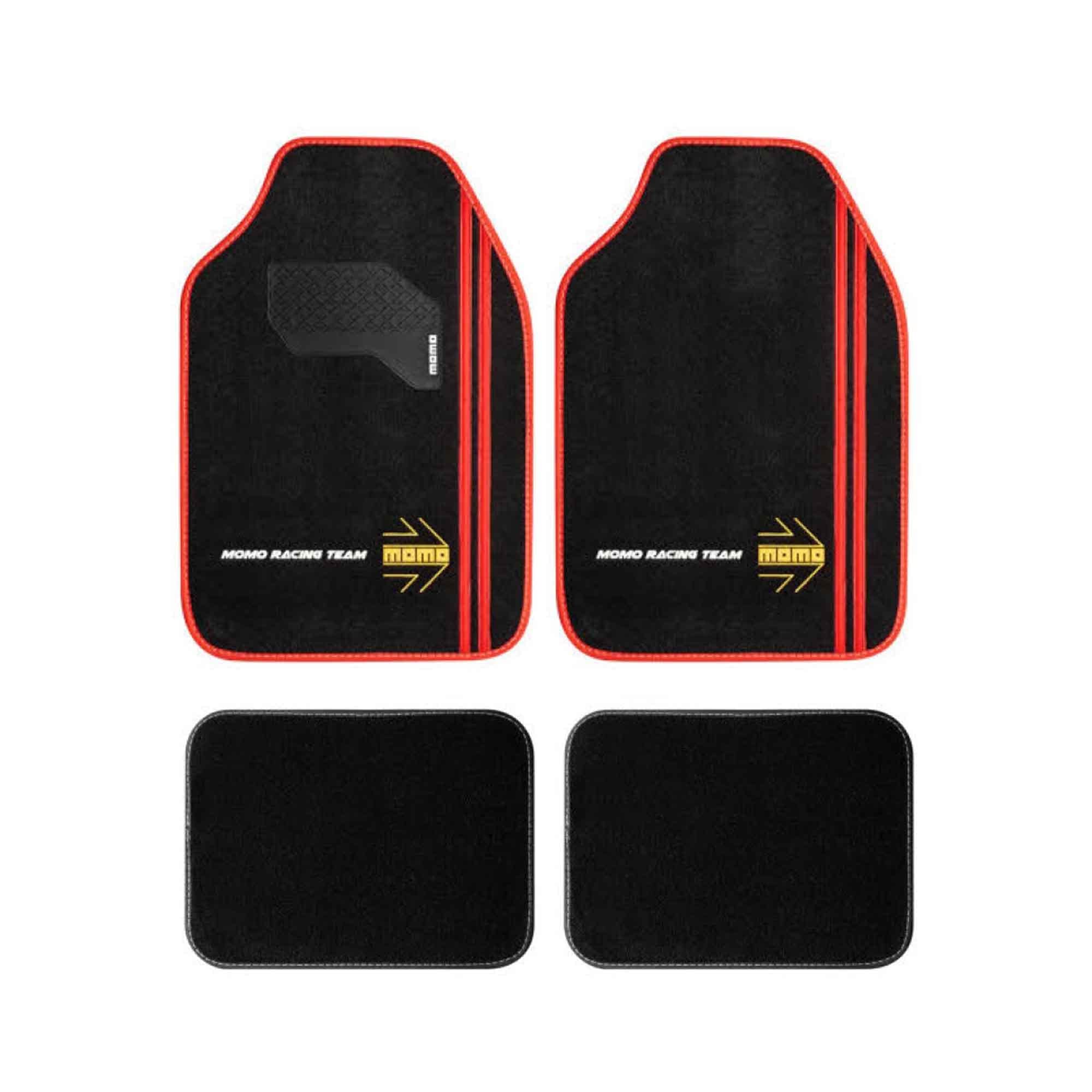 MOMO - Set de 4 Alfombrillas Universales, de Color Negro con Costuras Blancas, Antideslizantes y Reforzadas, Fabricadas en Poliéster y PVC, Logo en Blanco y Amarillo, Diseño Frase, Bordes y Franjas