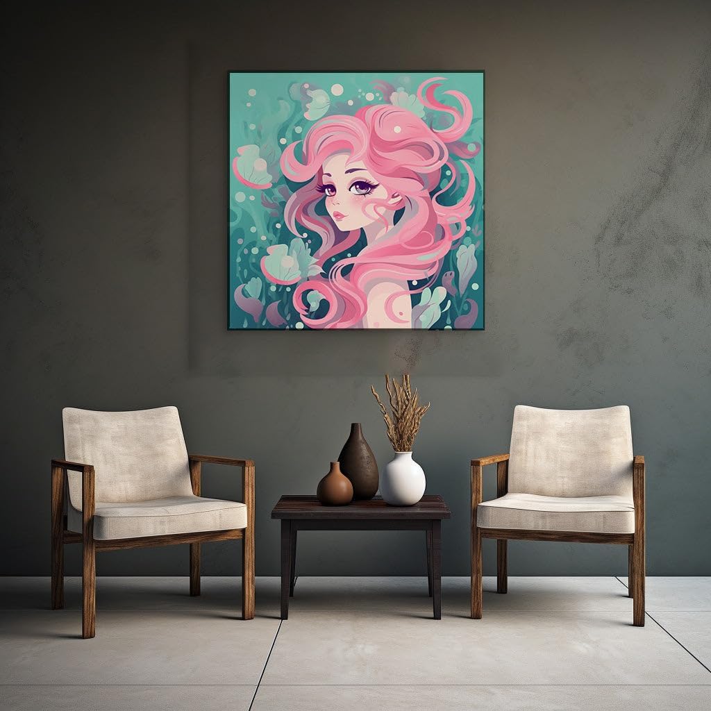 Canvas for Living room. Submerged in Serenity: The Enigmatic Beauty of the Pink-Haired Siren, 27 x 18 inch Canvas Wall Art - Contemporary Masterpieces - Zen Wall Decor - 69x46 cm (27x18 inch)