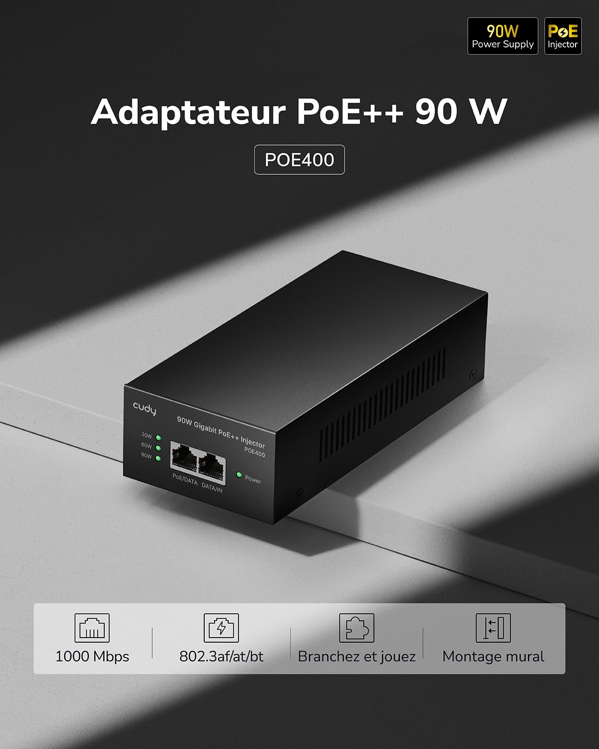 Cudy POE400 Adaptateur injecteur PoE++ Ultra Gigabit 90 W, Compatible avec IEEE 802.3bt/at/AF, Rj45 1000 Mbps, Plug & Play, métal