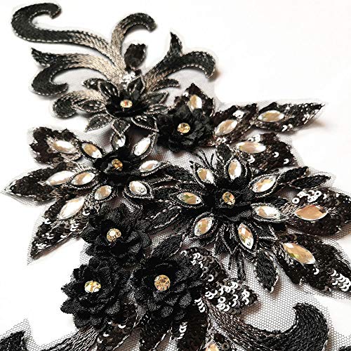 7.5X15 In 3D Colorful Flower Mesh Embroidered Rhinestone Lace Beaded Applique With Sequins Diy Lace Fabric Trim For Clothes Accessories Hardware (Black) #TOP1