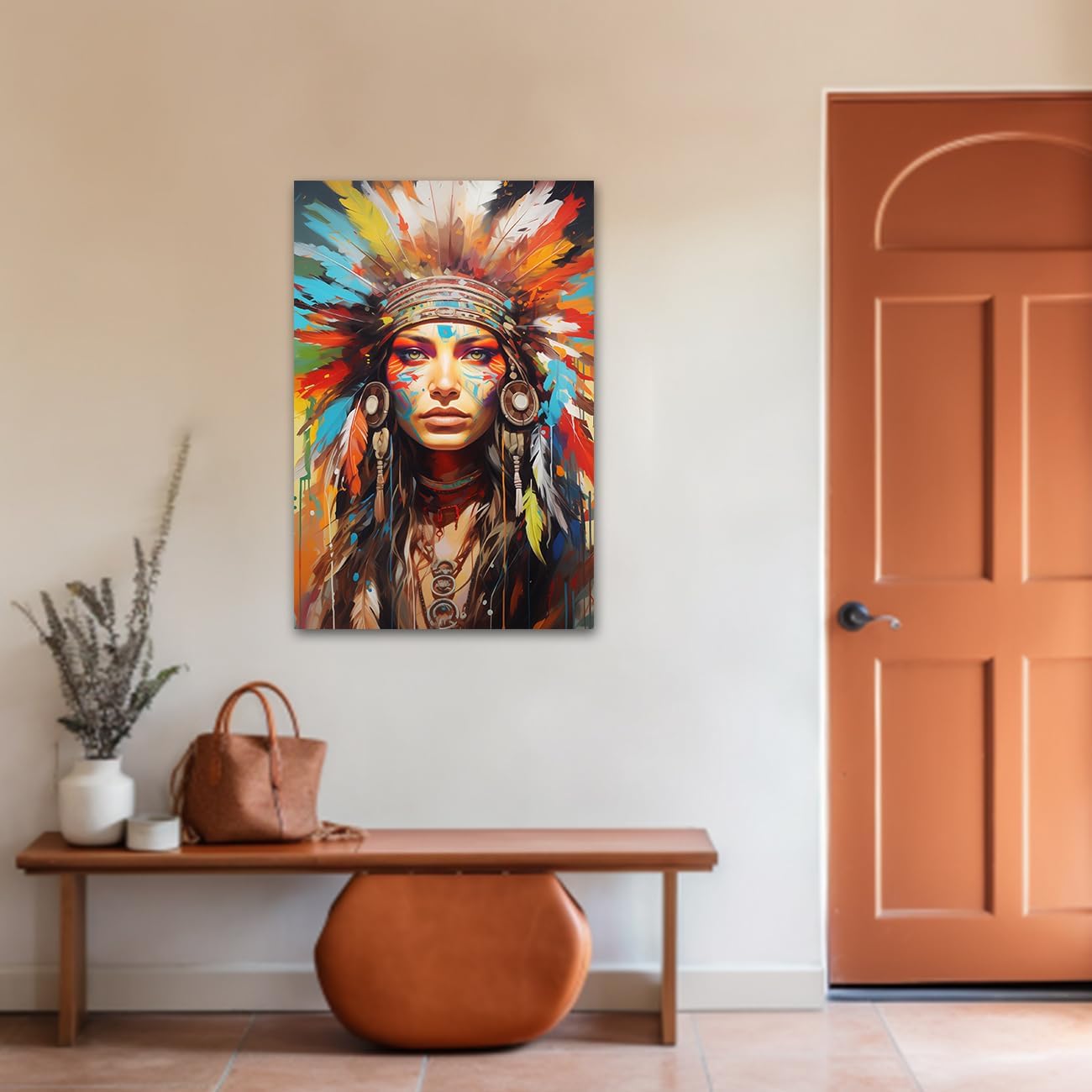 CXHOSTENT Native American Canvas Wall Art Indian Girl Headdress Feathered Picture Prints Abstract Colorful Woman Painting for Home Decor Framed (A, 12.00"x18.00")
