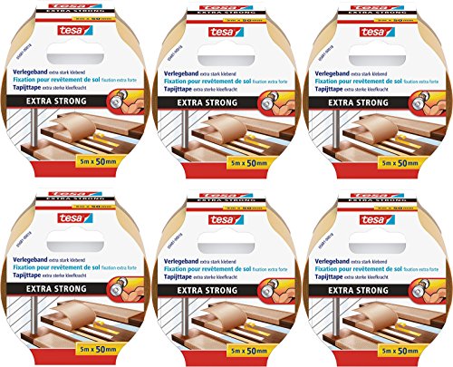 tesa 6 Stück doppelseitiges Verlegeband/Extra stark klebend - für alle Teppiche und PVC Beläge/Für Fußbodenheizung und feuchte Räume geeignet / 50mm x 5m