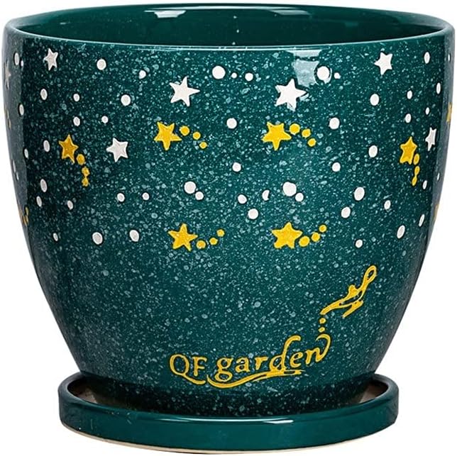 Ceramic Plant Pot Inch Decorative Blue Starry Planter with Drainage Hole & Saucer Modern Indoor Flower Pot for Succulents, Herbs, Cactus for Home, Office, Garden Decor