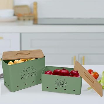 Potato Onion Storage Box, Food Container Sets, Storage Canisters for Vegeatables, Set of 2 Jars Pots Containers, Potato & Onion Bin with Aerating Tin Storage Holes & Wooden Lid-Green