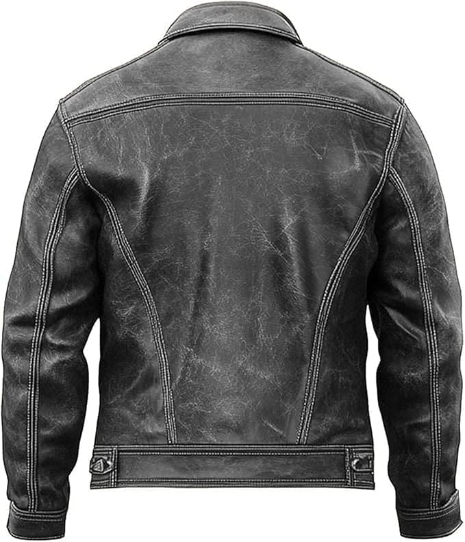 Men's Distressed Trucker Jacket - Genuine Leather Vintage Western American Style Trucker Jacket Men2