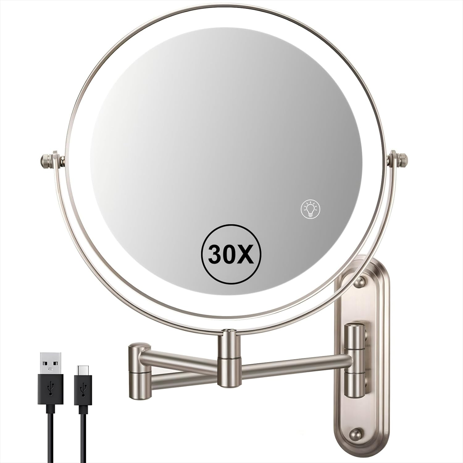 30X Wall Mounted Makeup Mirror with Lights,3 Color Modes Dimmable & Adjustable Double Side, Bathroom Vanity Makeup Mirror with 360 Rotation Extendable Swivel Arm,Magnifying Mirror - Brushed Nickel