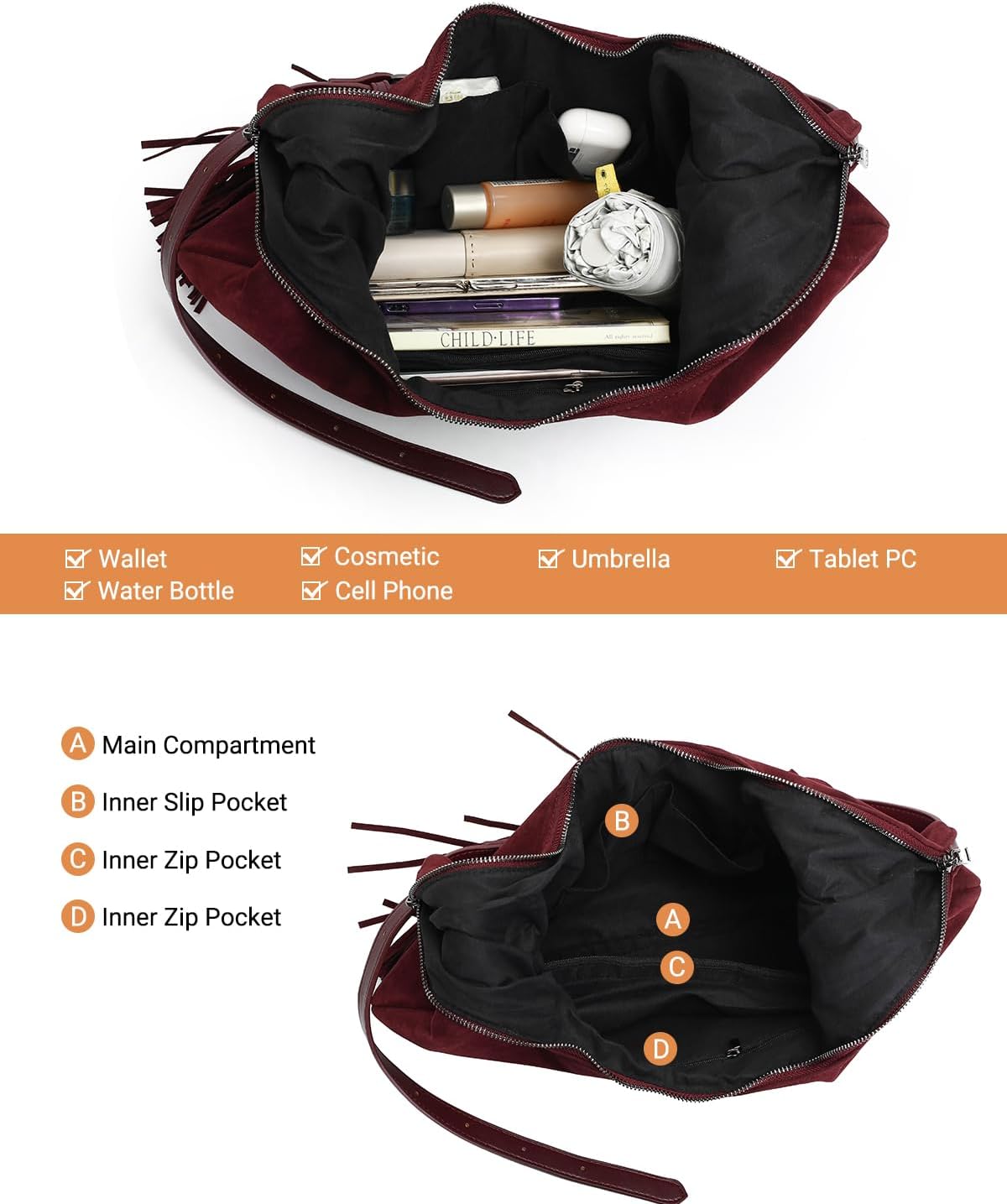 Herald Tassel Suede Hobo Shoulder Bag for Women, Retro Slouchy Crescent Crossbody Purse Handbag with Adjustable Strap