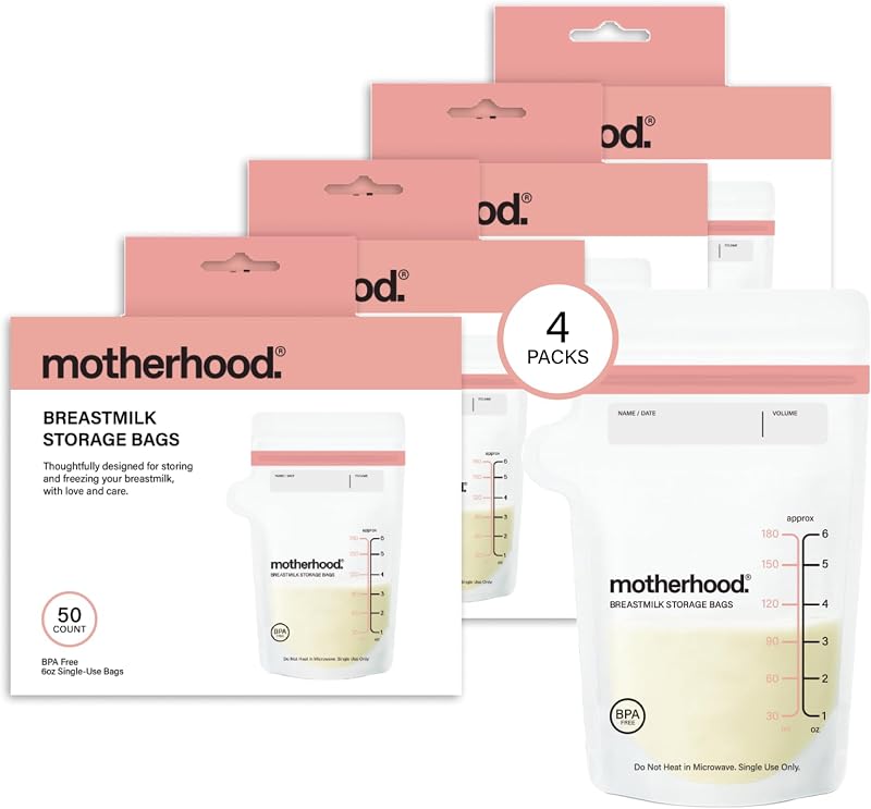 Motherhood Maternity Breastmilk Storage Bags, 6 oz, 200 Count (50 Bags x 4 Pack) – Leak Proof Breast Milk Freezer Storage Bags, Pre-Sterilized & BPA Free, Self-Standing & Flat Lay