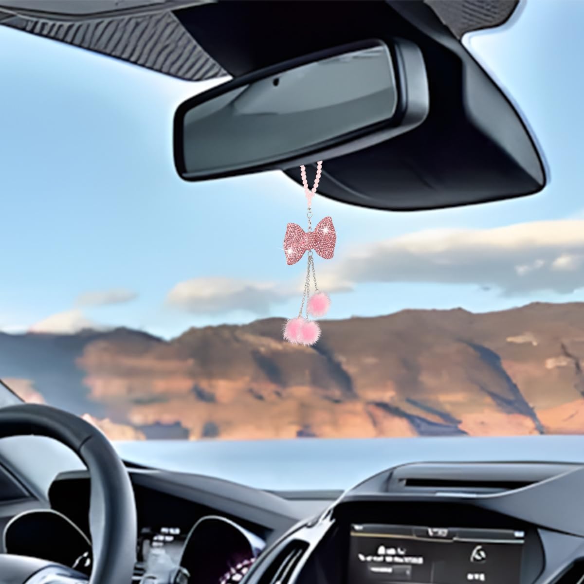 Bling Car Rear View Mirror Hanging Accessories, Crystal Rhinestone Bowknot Vehicle Rearview Charms, Diamond Plush Ball Automotive Interior Ornament Pendant, Universal Fit (Pink)