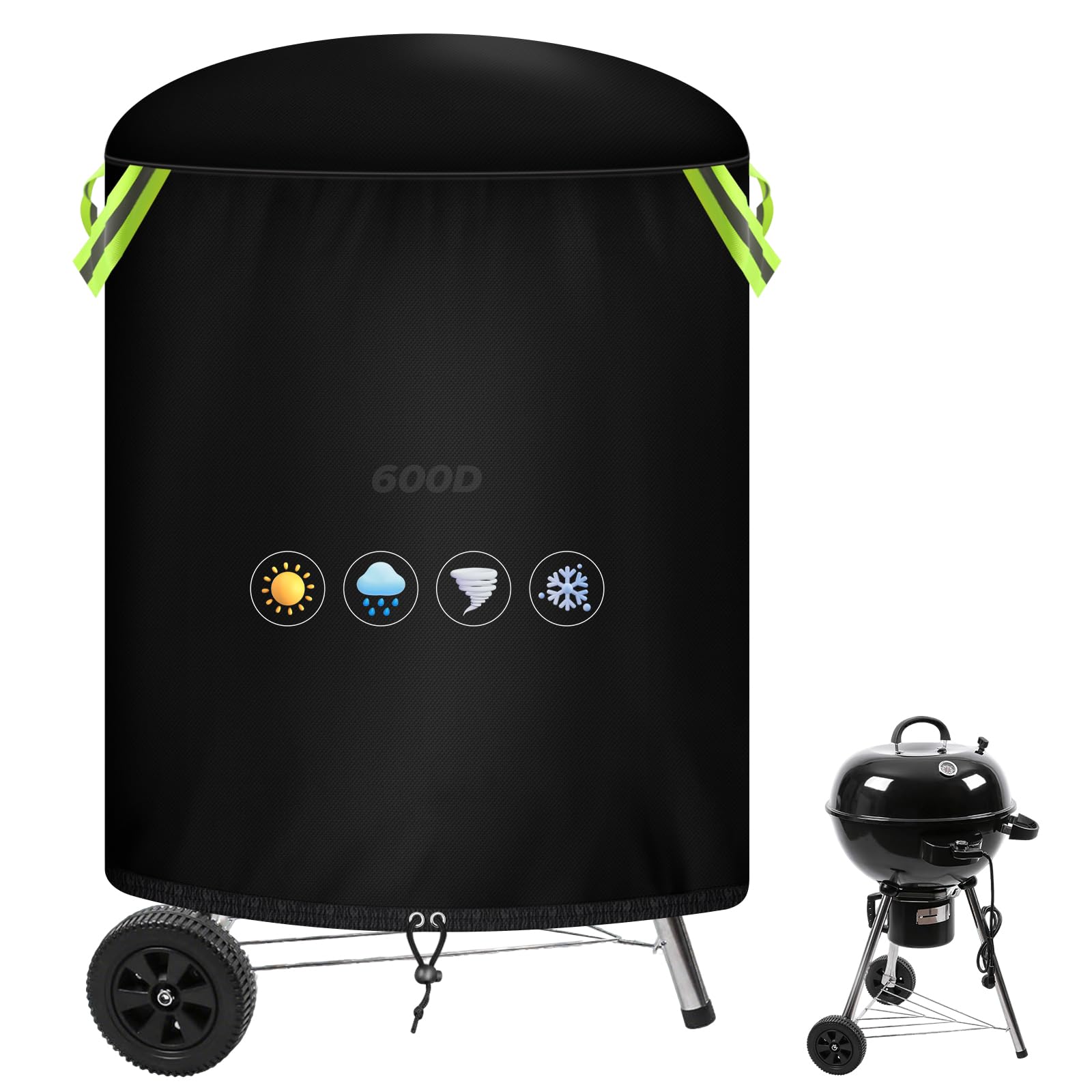 YedZen Kettle BBQ Cover, Ø73x71cm, 600D Oxford PVC Round Barbecue Cover with 2 Reflective Strip Handles＆Drawstring, Waterproof Windproof Anti-UV Cover for Brinkmann, Weber, Char Broil