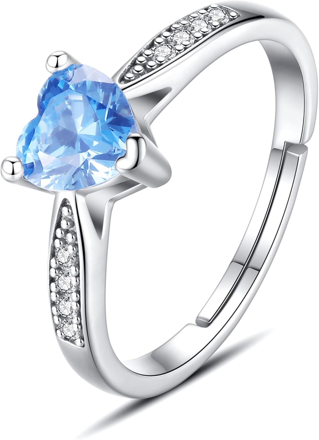 Vito 925 Sterling Silver Birthstone Rings for Women, Adjustable Open Heart Cubic Zirconia Birthstone Band Ring Birthday Month Jewelry Gift