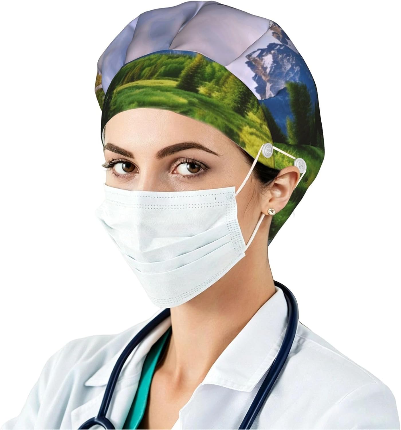 National Park Bouffant Cap with Buttons, Sweatband Cap Black