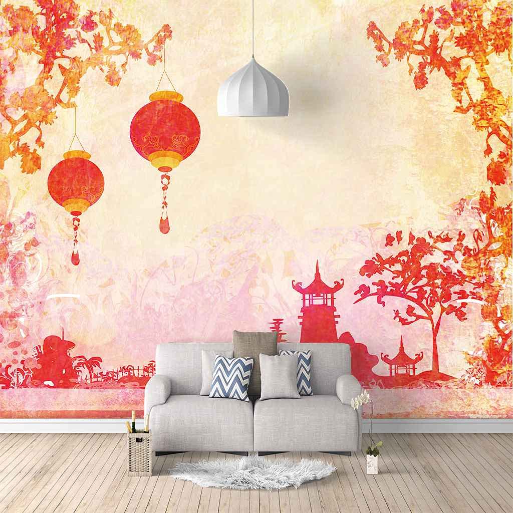 Papier Peint Murale Lanterne Rouge Chinois Poster Auto-adhésif Chambre Enfant Fille