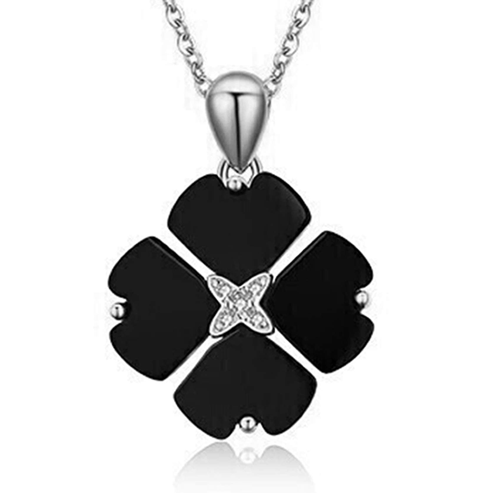 Aesthetic Lucky Black Four Leaf Clover Pendant Necklaces for Women White Gold Plated Silver Jewelry Women‘s Valentine's Day Birthday Gift for Girlfriend,Teen Girls,her