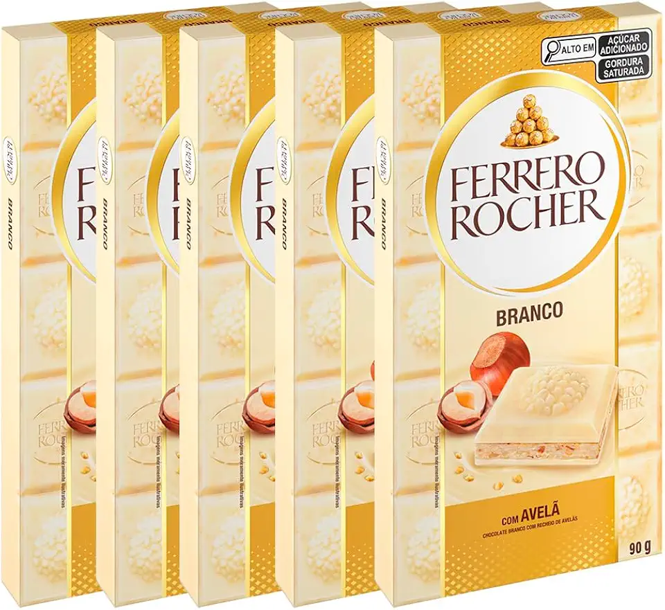 Chocolate Ferrero Rocher Branco Avelã Kit 5 Barras de 90g