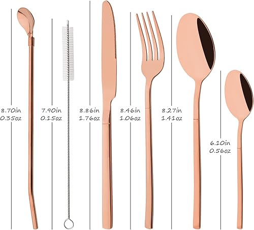 Miniatura 5 de Juego de cubiertos con cucharas de pajilla juego de 24 cubiertos de acero inoxidable para 4 personas utensilios reutilizables para comer familiar