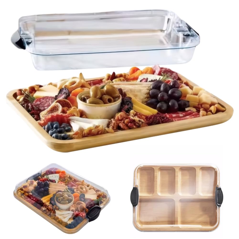 Charcuterie Board with Lid, 6 Compartments Wooden Cheese Board for Snacks, Kitchen Serving Tray, Portable Cheese Platter for Fruits, Candy, Bread