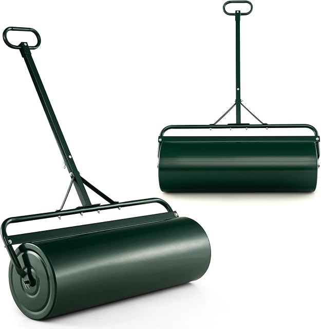 GiantexUK 48L/63L Garden Lawn Roller, Water/Sand Filled Lawn leveller with Scraper Drum & Removable Drain Plug, Heavy Duty Metal Lawn Push Rolling Tool for Grass Seed (63L, 137cm T-Handle, Green)