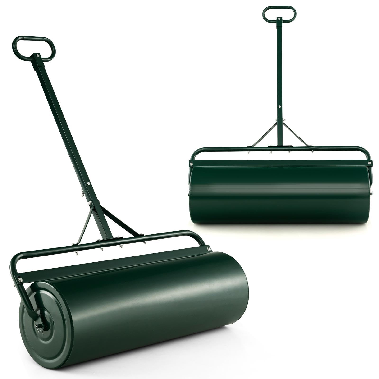 GiantexUK 48L/63L Garden Lawn Roller, Water/Sand Filled Lawn leveller with Scraper Drum & Removable Drain Plug, Heavy Duty Metal Lawn Push Rolling Tool for Grass Seed (63L, 137cm T-Handle, Green)