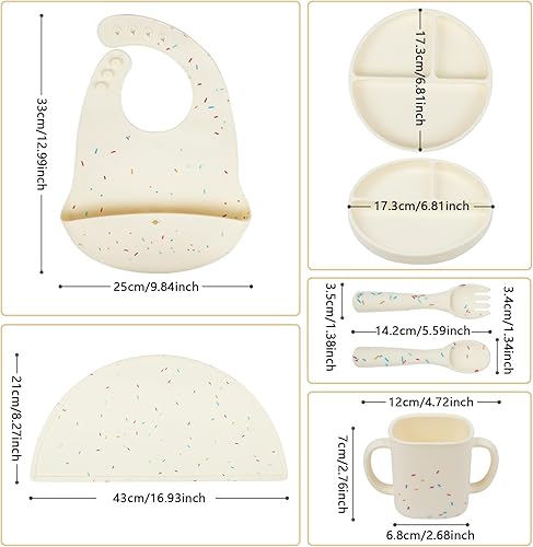 Miniatura 2 de 6 piezas de silicona para bebé, suministros de alimentación de destete con placa de succión dividida, mantel individual, babero, taza, tenedor,