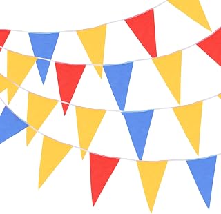 MECCANIXITY 108ft Red Blue Yellow Pennant Banner Flags String Hanging 64PCS Triangle Bunting Flags for Outdoor Garden Wedding Birthday Party Decorations