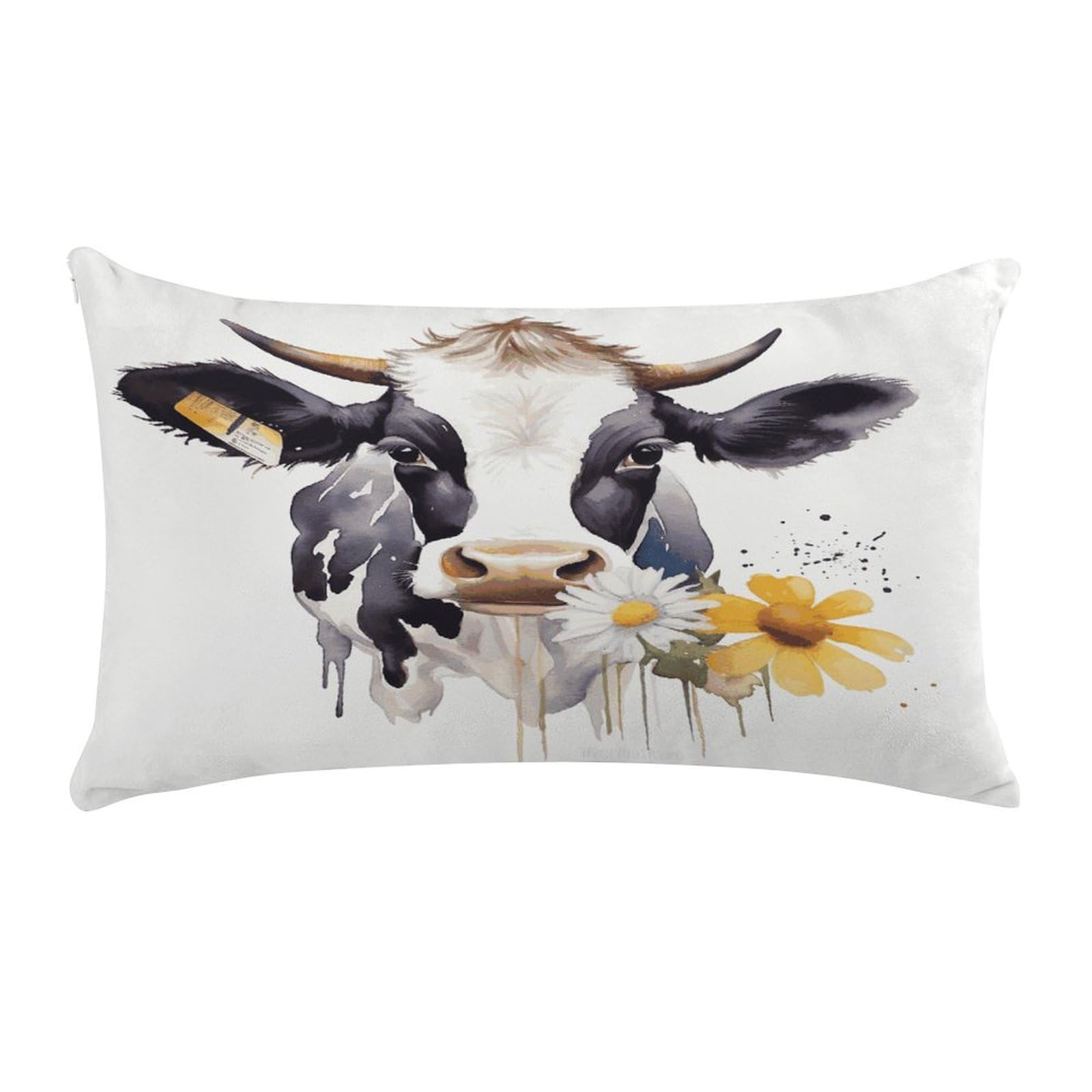 LDGSUPH Watercolor Cow and Daisy Flower Throw Pillow Cover with Zipper Long Throw Pillow Case Anti-Fading Pillow Protector Super Soft Decorative Cushion Case Exquisite Plush Pillowcase12 X 20 in