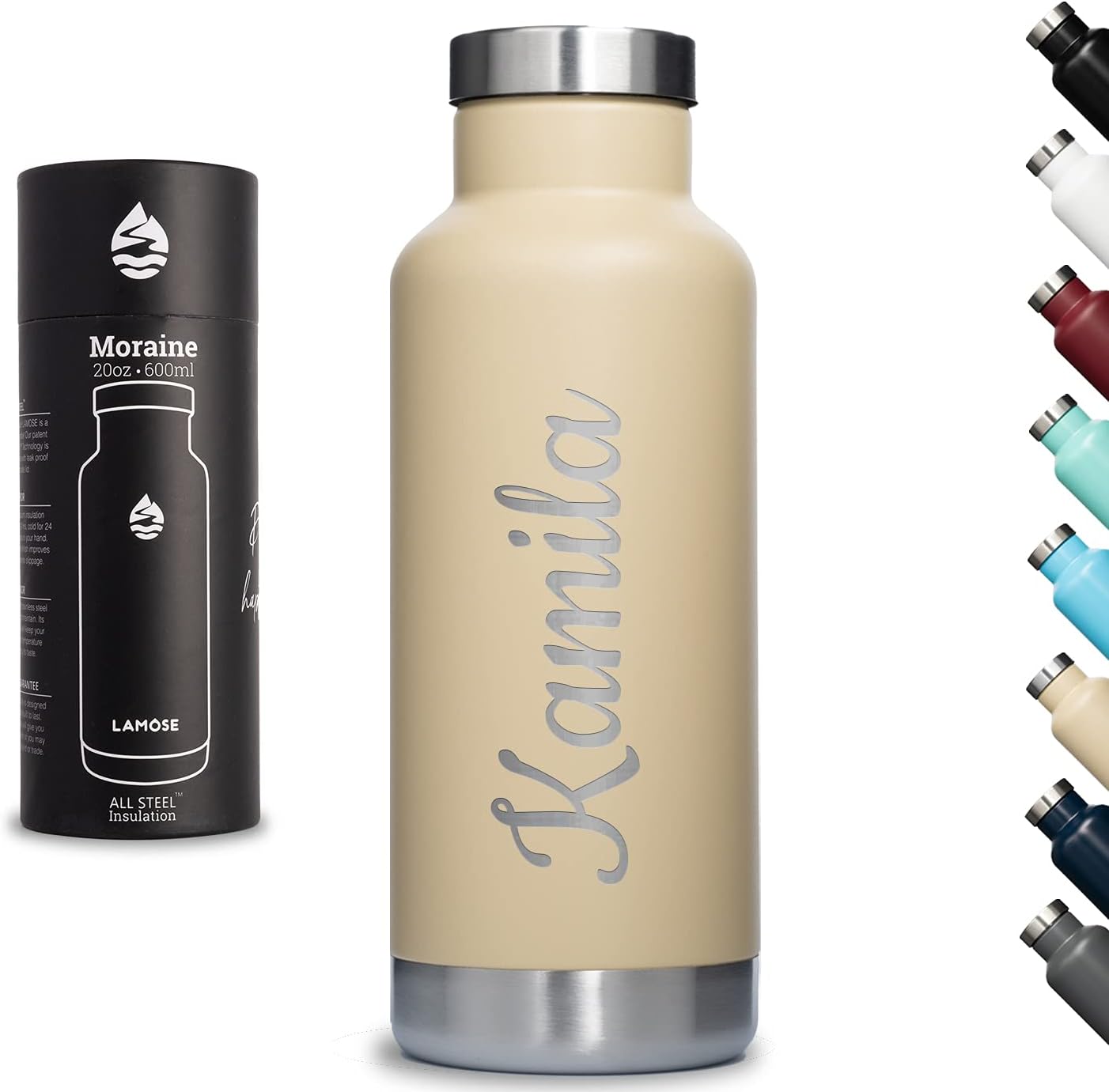 LAMOSE Moraine 20oz Bottle, Stainless Steel, Vacuum Insulated with All Steel Lid (Sand)