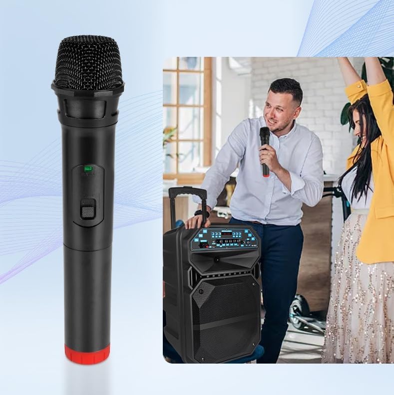 A wireless microphone next to an image of people enjoying karaoke with the SW-N620 speaker.