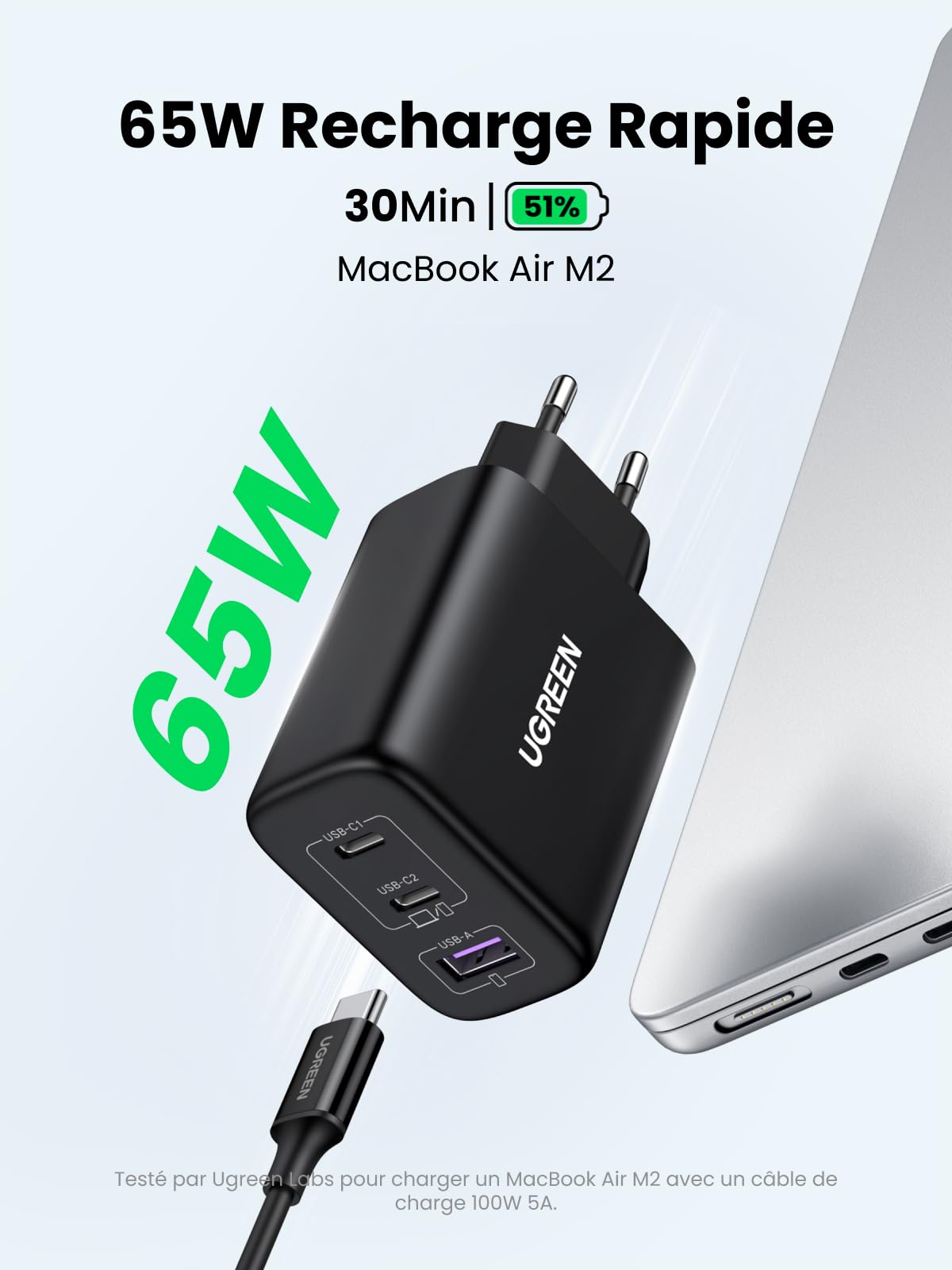 UGREEN Zapix 65W Chargeur USB C Rapide 3 Ports GaN Tech Compatible avec iPhone 17 Pro Max Air 16 15 14 13 12 iPad MacBook Neo Air Pro M5 M4 M3 M2 M1 Galaxy S26 S25 S24 A15 Pixel 10 9 8 XPS (Noir)