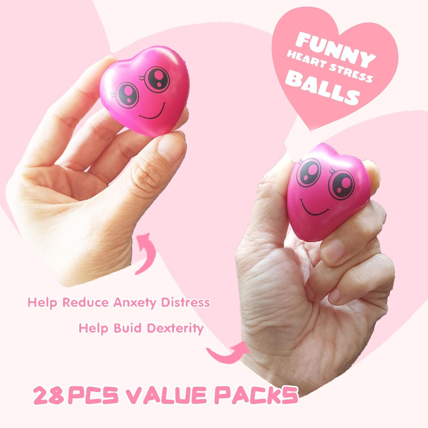 Valentines Day Gift for Kids with 28 PCS Cards and Heart Stress Balls, Smile Funny Face Stress Balls Relief Squeeze Toys for Party Favors, Gift Bag Fillers, and Stress Relief