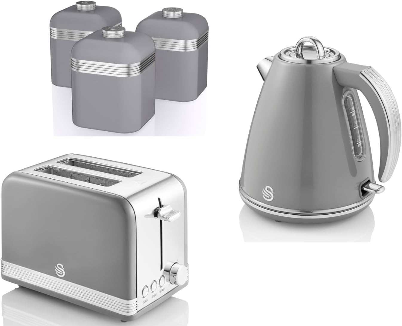 SWAN Retro Grey 1.5L 3KW Jug Kettle, 2 Slice Toaster and Tea, Coffee & Sugar Canisters. Matching Retro Design Kitchen Set of 5 in Grey