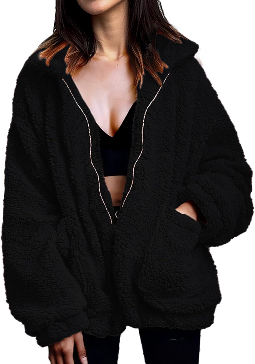 Women's Fuzzy Fleece Faux Shearling Coat, Winter Warm Oversized Jacket with Lapel Collar, Casual Zipper Outwear for Daily Use