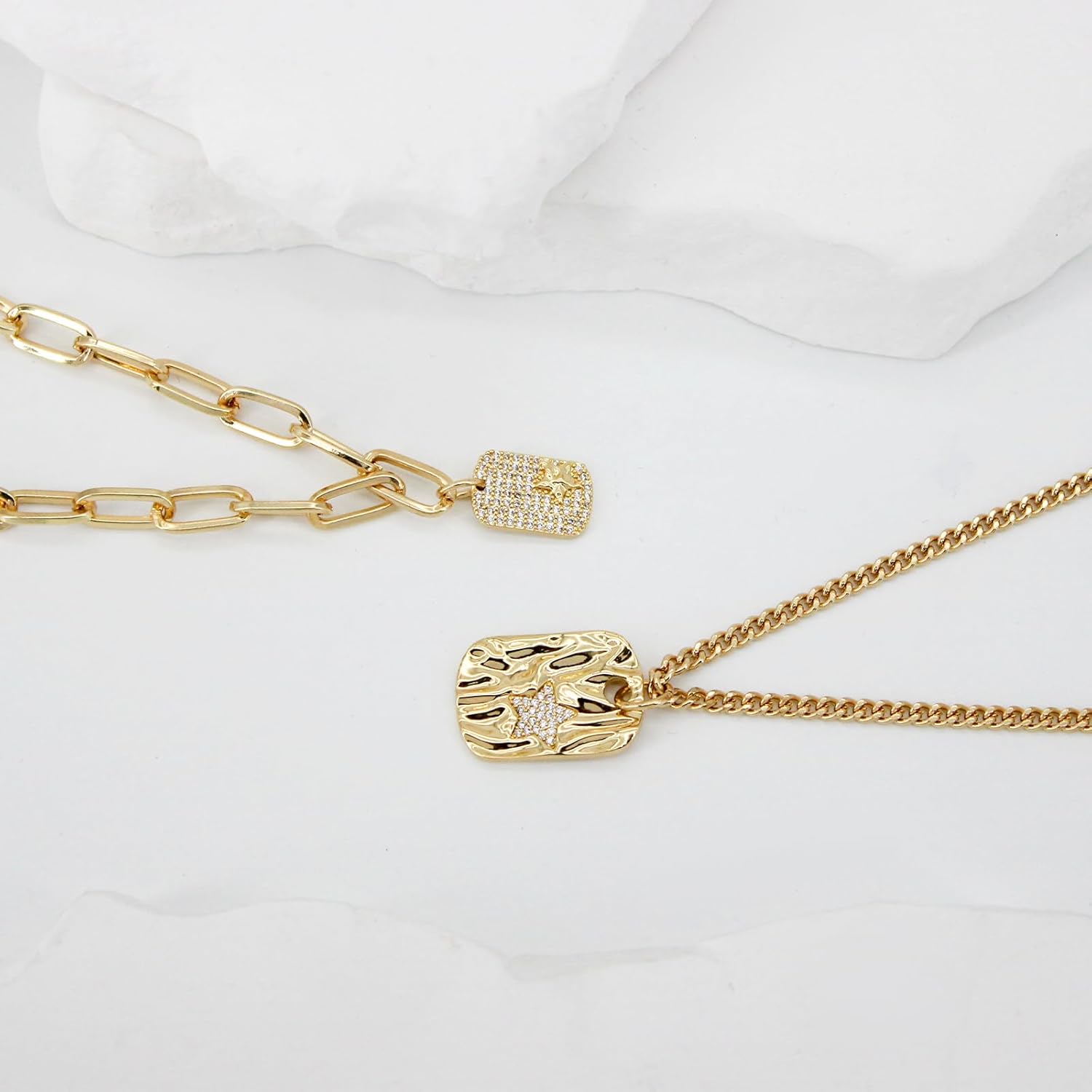 14K Gold Plated Stacked Charm Necklaces for Women Paperclip Chain Square Star Pendant Dainty Adjustable Choker Free People Jewelry for Women - Image 4