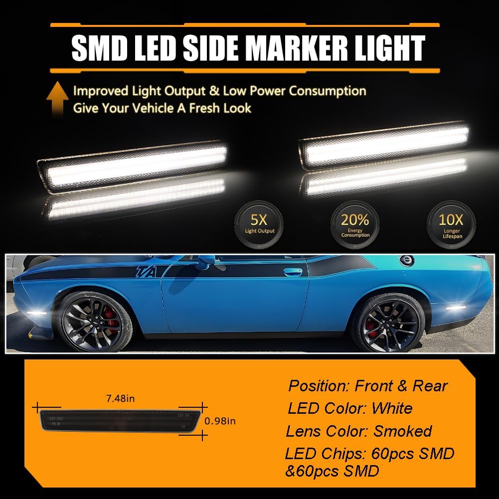Front & Rear Fender [Ultra-Bright] 2-Row Full LED Side Marker Lights for Dodge Challenger 2015-2023, Smoked Lens White LED Side marker Lamps, Replace OEM#: 68195788AB, 68195797AB, 4 PCS
