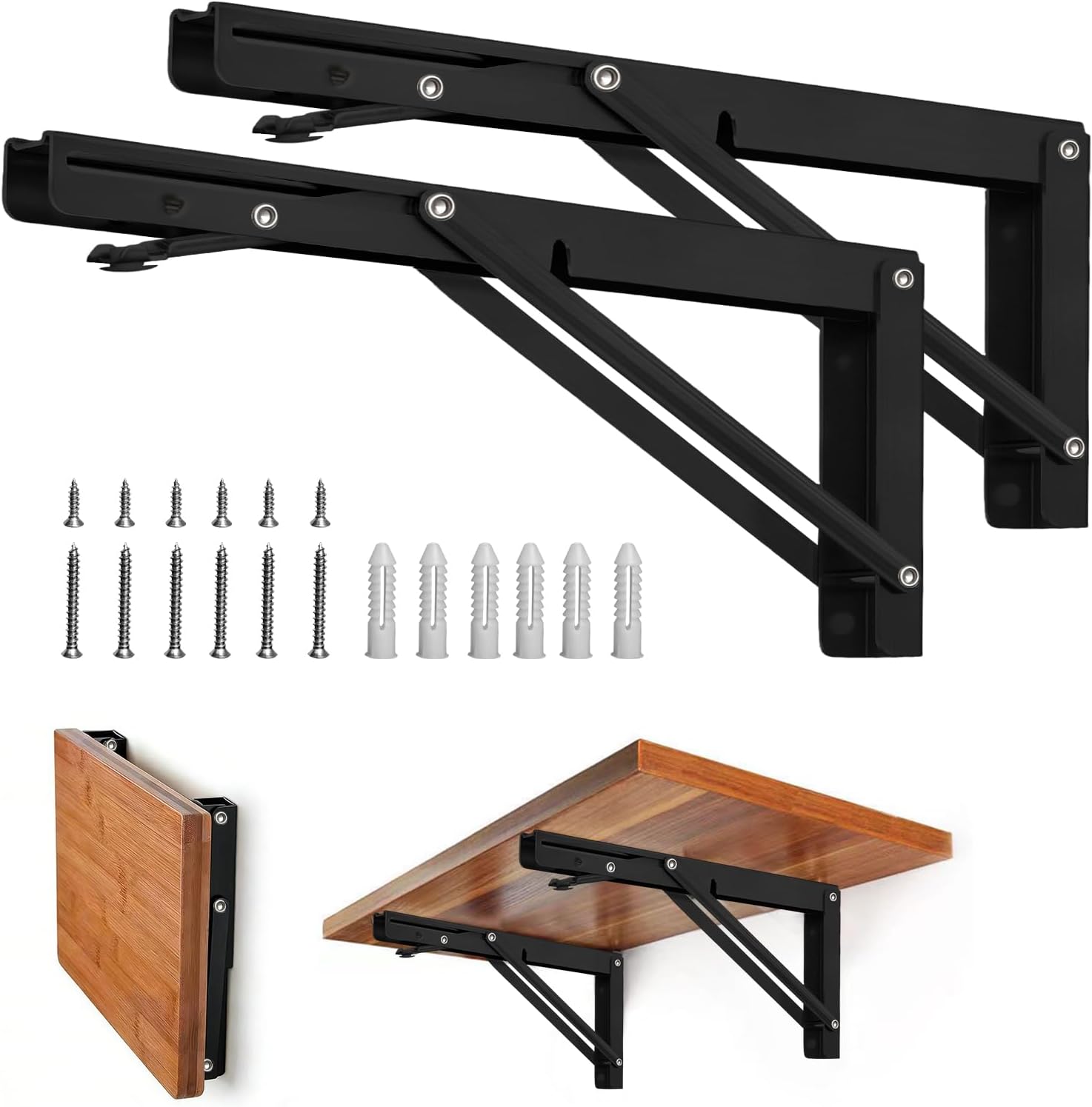 Storystore Folding Shelf Brackets - 12 Inch Heavy Duty Metal Collapsible Shelf Bracket for Bench Table, Shelf Hinge Wall Mounted Space Saving DIY Bracket, Max Load: 150 lb (2PCS, Black)