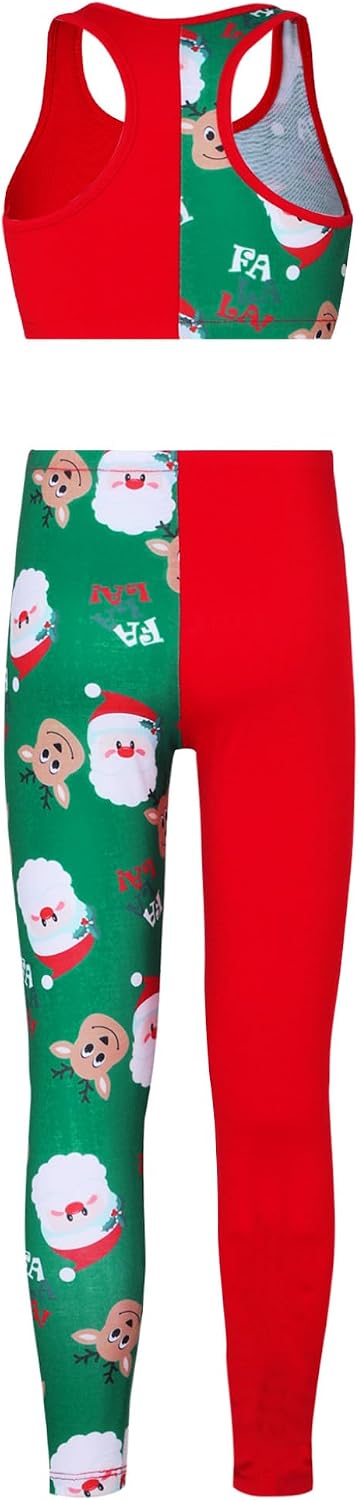 Kids Girls Christmas Santa Printed Tracksuits Sports Bra Crop Top with Leggings Gym Workout Outfits