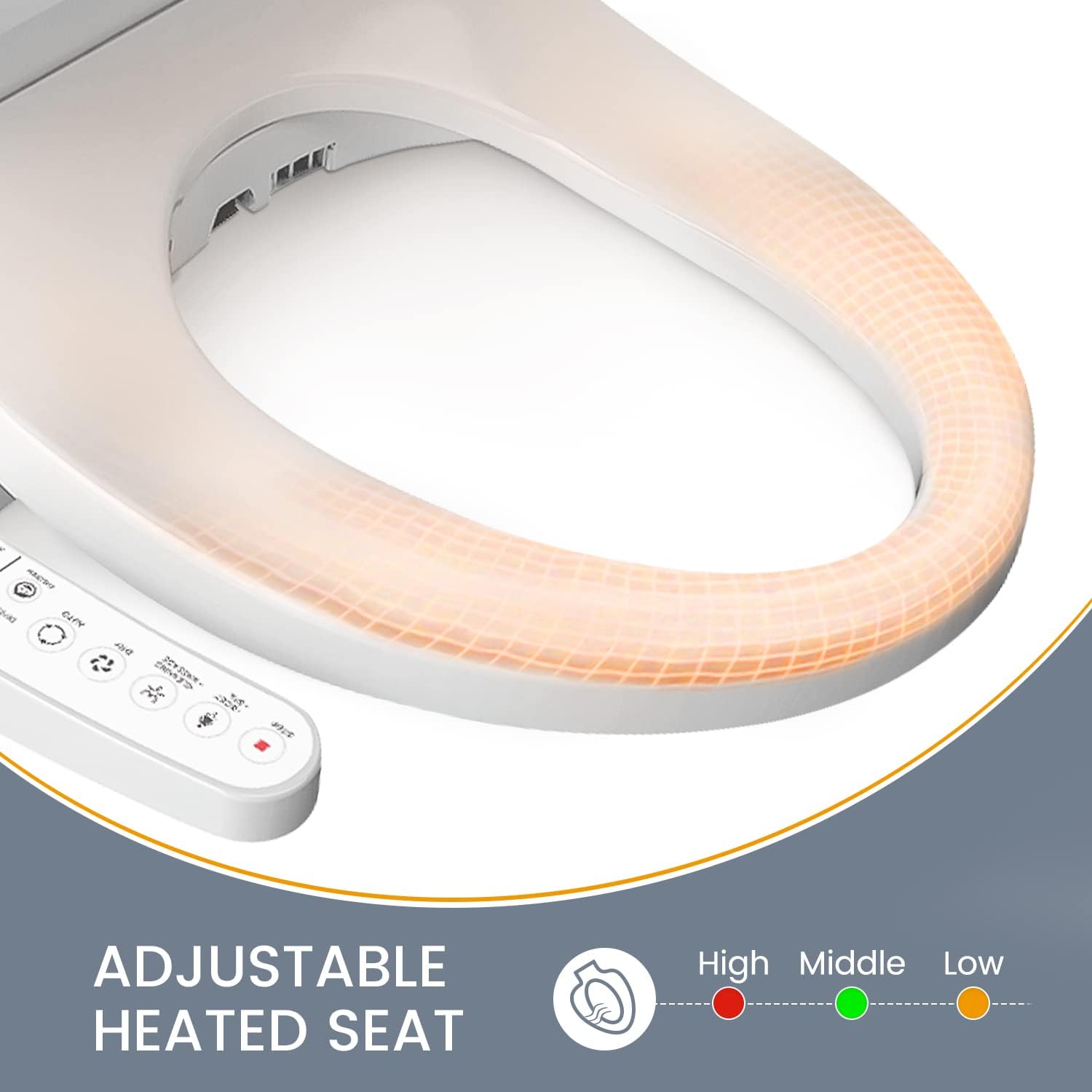 Graphic illustrating the adjustable heated seat function with High, Middle, and Low settings.