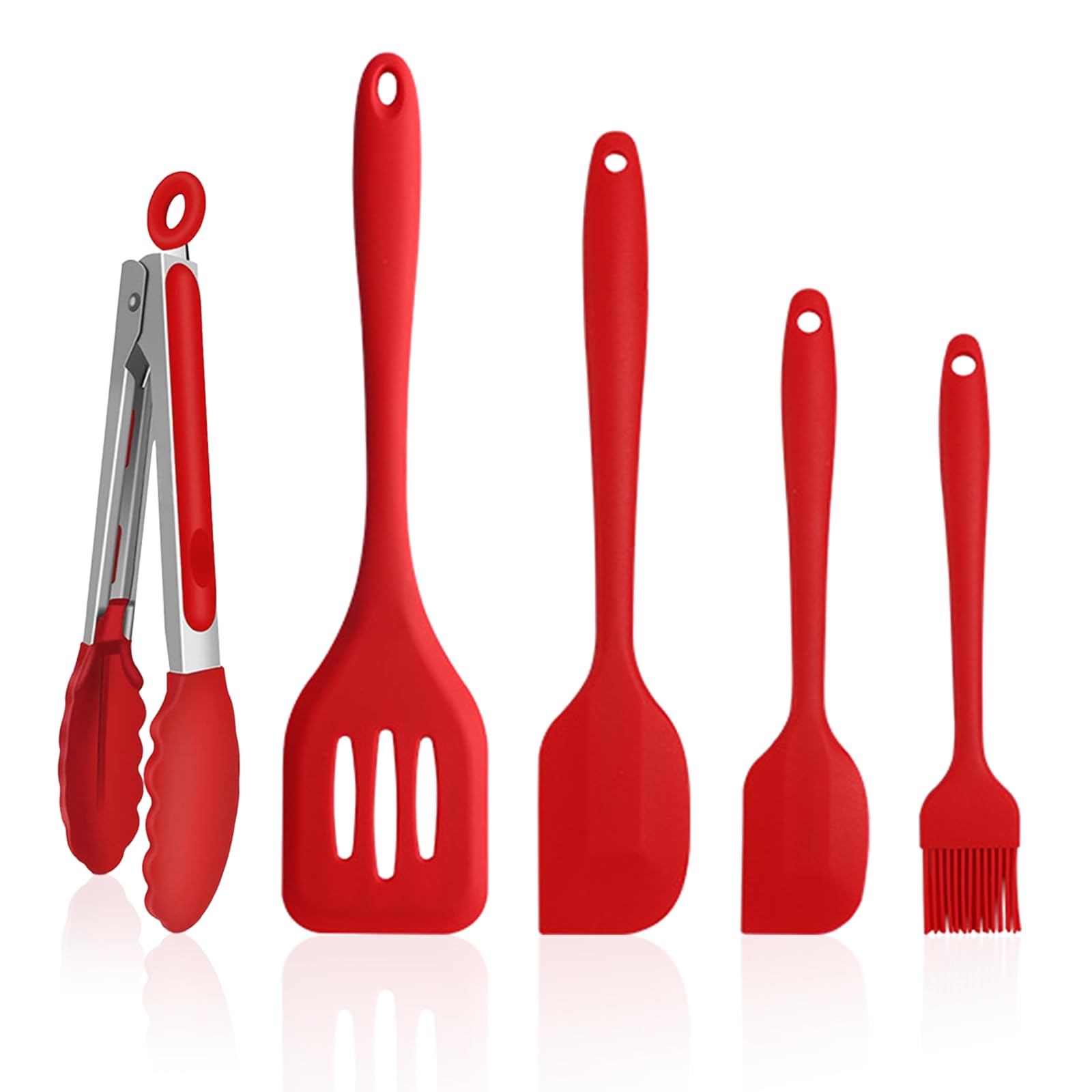 NileHome 4 Pack Silicone Spatula and Grilling Tongs Kitchen Utensils with Silicone Brush Heat Resistant BPA-free Rubber Spatula for Scraping, Baking, Cooking, Mixing-Red