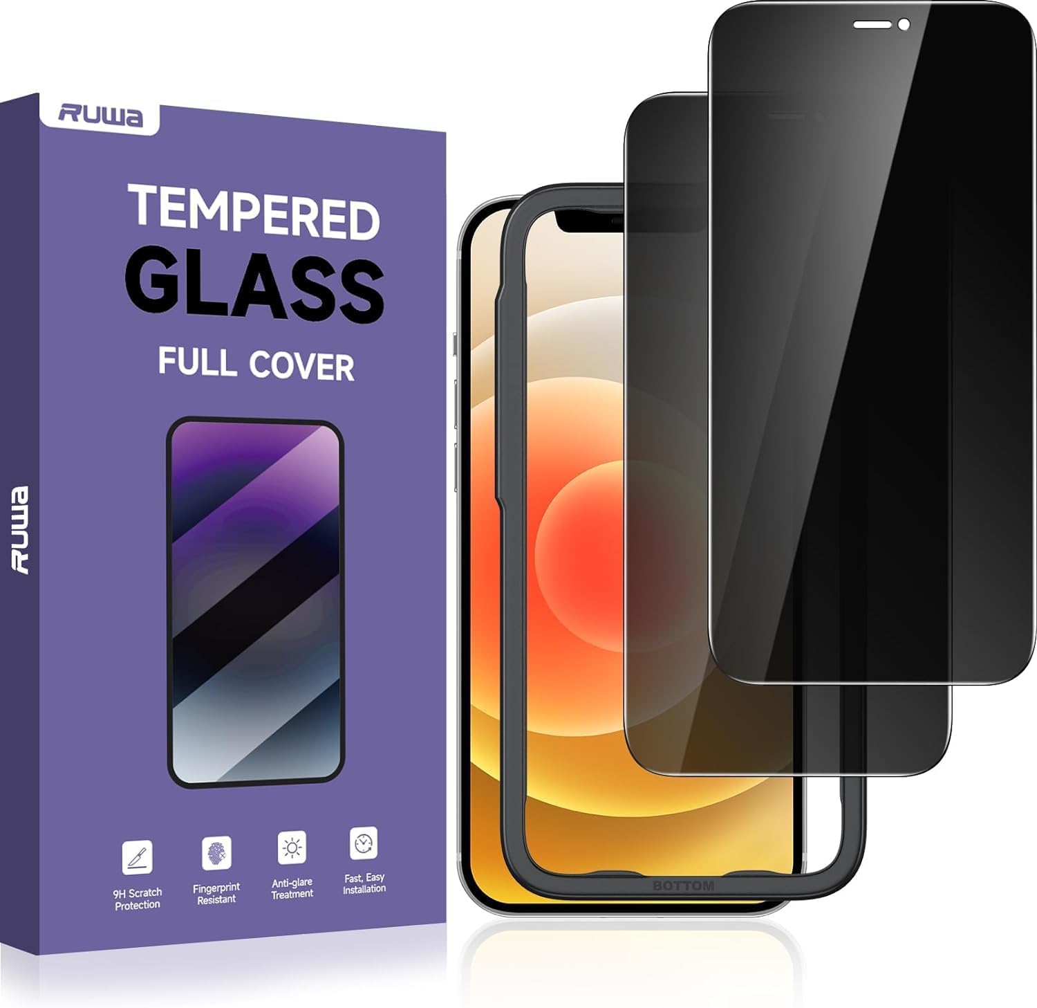 ruwa Privacy Screen Protector for iPhone 12 Pro Max [6.7 Inch][2-Pack] Anti-peep Tempered Glass Film with Easy Installation Alignment Frame, 9H Hardness, Scratch Resistant, Case Friendly (for iPhone 12 Pro Max-6.7 Inch, Privacy 2-Pack) Thumbnail