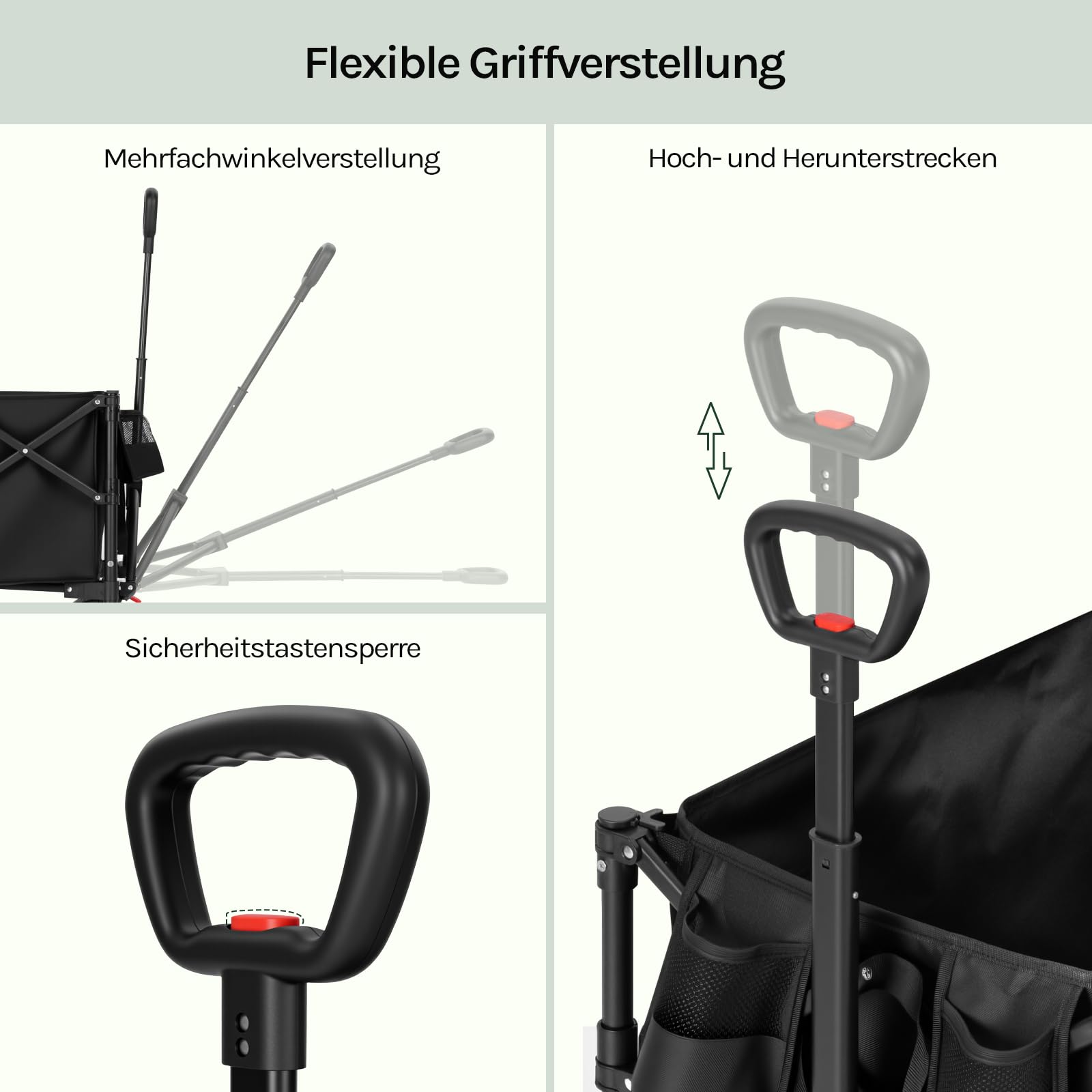 WOLTU Bollerwagen faltbar, Campingwagen 205 L, Tragkraft 180 kg, mit 4 großen Rädern & Seitentasche & 2 Innentaschen & 2 Getränkehaltern, für Camping Strand Garten, Schwarz