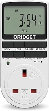 ORIDGET Digital Electrical Timer Plug Socket UK with 18 On-Off Programs, Countdown and Security Random Mode for Lights and Home Appliances, 24 Hour Weekly Programmable 13A / 2900W 1 PACK
