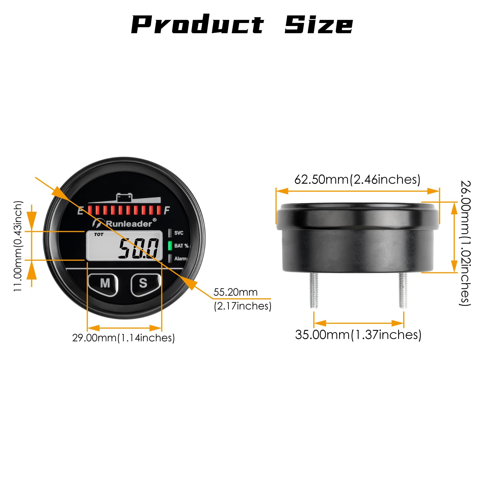 Indicatore del Livello di Carica della Batteria 12V 24V 36V 48V Contaore Misuratore di Tensione per Batterie al Piombo Gel LiFeO4 AGM