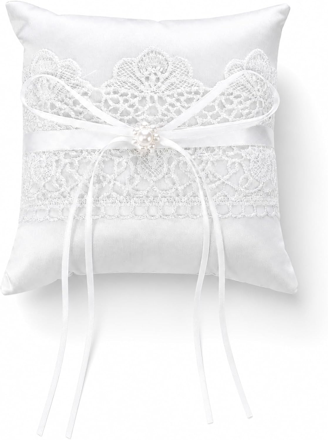 Ring Bearer Pillows, Lace Pearl Ivory Satin Bowknot Ring Bearer Elegant Rings Bearers Pillow with Lace Pearl Decoration for Wedding Party Ceremony Anniversary, 5.1x5.1 inch